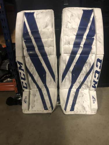 White and Blue Senior 33" +1 CCM Extreme Flex E3.5 Goalie Leg Pads
