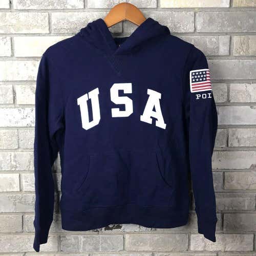 Polo Ralph Lauren USA Flag Spellout Medium 10-12 Hoodie Pullover Bold Navy Blue