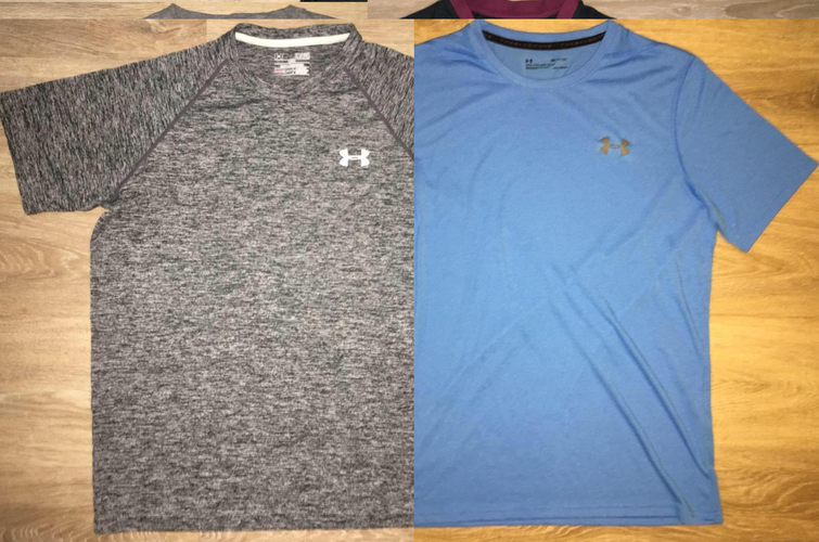 (Small) Bundle: 2 New Under Armour Heatgear Dry Fit Shirts - Charcoal Gray & Carolina Blue