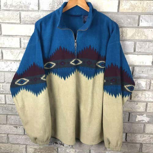 Wrangler Aztec Western Cowoboy Mens Large Pullover Qtr Zip Color Block Vtg 90s