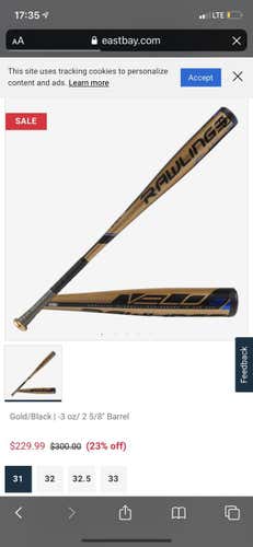 High School/College  Alloy Velo (-3) 28 oz 31" Bat