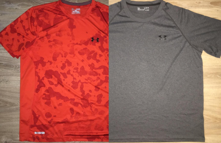 (XL) Bundle: 2 New Under Armour Heatgear Dry Fit Shirts - Orange Camo & Charcoal Gray