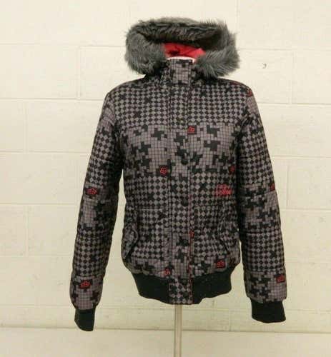 Fox Girls Patterned Gray Hooded Puffer Jacket w/Faux Fur Trim Girls Large LOOK