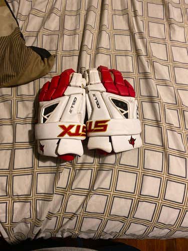 White Used Player STX Cell IV 13" Lacrosse Gloves