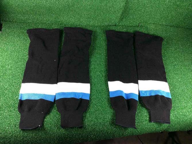 ProJoy Adult (30"- 32") Hockey Socks, Black w/ White & Blue Stripes