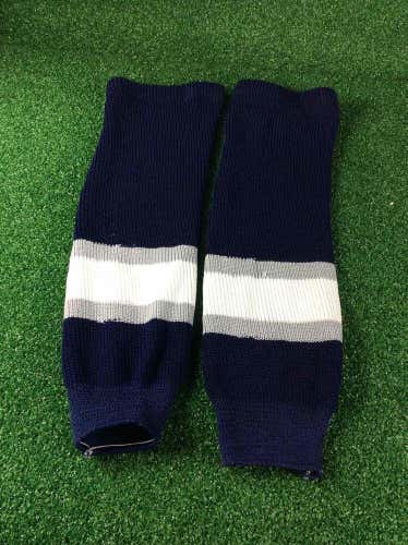 Blue w/ White/Grey Stripes Athletic Knit Adult (30"- 32") Hockey Socks