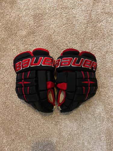 BAUER: 4-Roll Pro 14" Sr’ Hockey Gloves (Red/Black) ~USED~ *DECENT SHAPE* See Pics & Description!