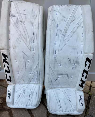 White Used Junior 28" CCM Premier P2.5 Goalie Leg Pads