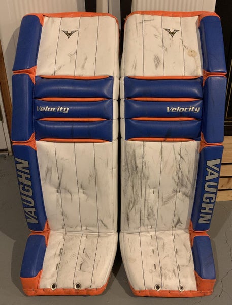 White Used Senior 34" Vaughn Velocity V5 Goalie Leg Pads Pro Stock