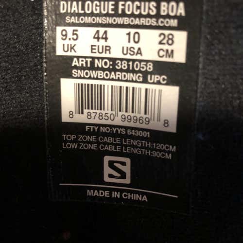 Men's 10 (Women's 11) Salomon Medium Flex Snowboard Boots