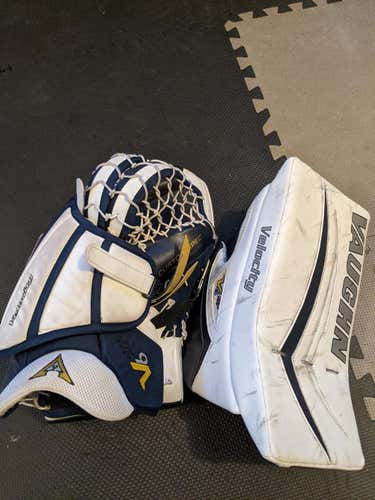 White/Blue Used Senior Vaughn Regular Velocity V6 Glove and Blocker