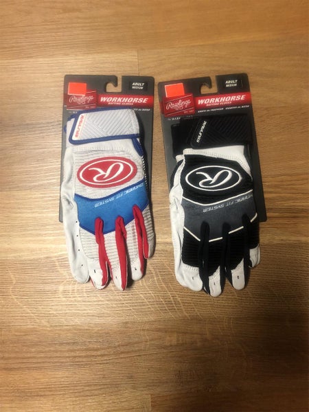 Rawlings Adult Workhorse Batting Gloves bundle- 1 Black/White Med and 1 White/Blue/Red M