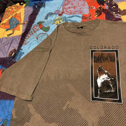 Vintage 90s Colorado Wolves T Shirt Adult XL All Over Print Brown USA Nature