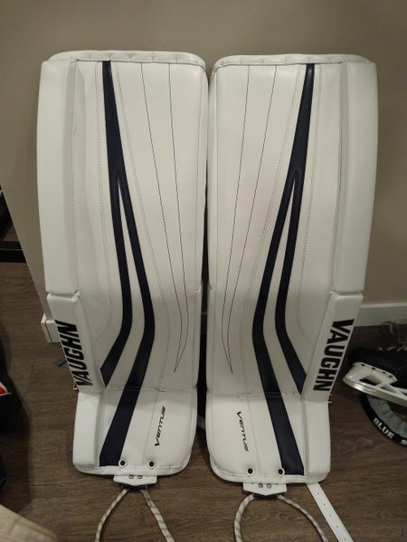 White and Navy Vaughn Ventus SLR Pro Carbon 35+2" Goalie Leg Pads