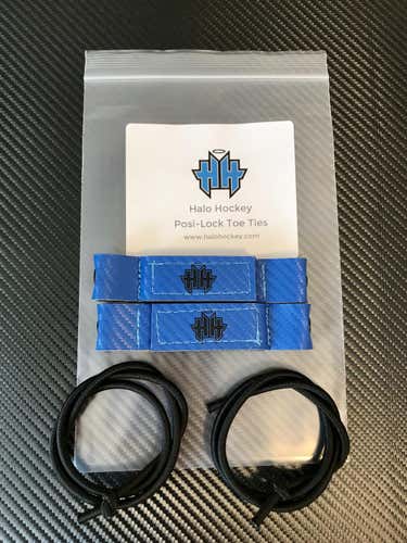 Halo Hockey Posi-lock goalie toe ties black on blue customs