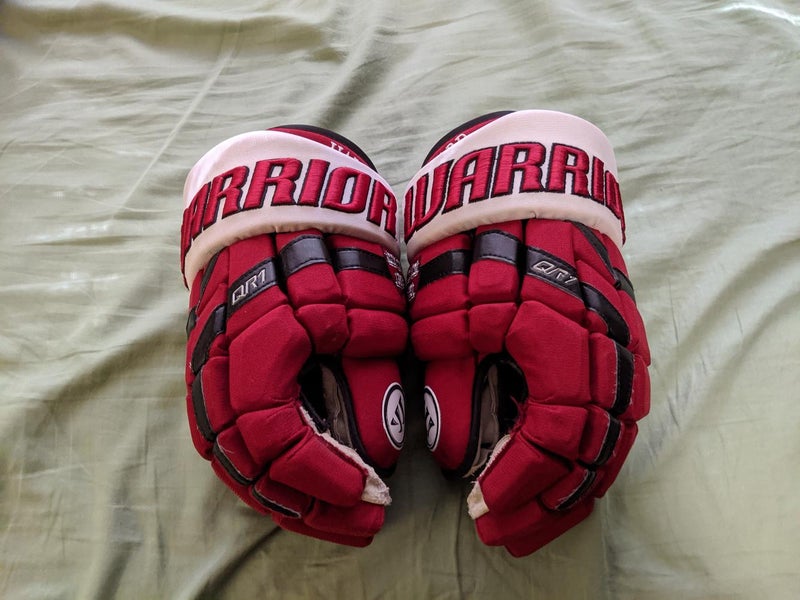 Rare Harvard Red Used Senior Warrior QR1 Gloves 14" Pro Stock