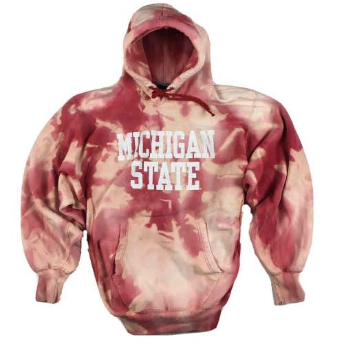 Custom Tie-Dye Michigan State University Spartans Hoodie Light Red/White Sz L