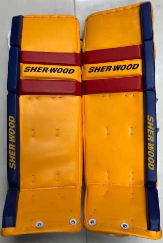 New Sherwood T100 V series Pro Stock Hockey Goalie Leg Pads 36+1 Yellow/Blue/Red