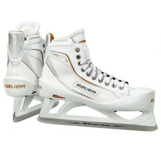 New Bauer One100LE Ice Hockey Goalie skates size 7.5D Senior white/gold men SR