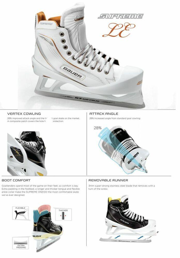 Details about   New Bauer One100LE Ice Hockey Goalie skates size 7D Senior white/gold men SR 