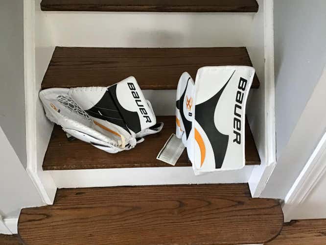 White New Senior Bauer Full Right Glove and Blocker