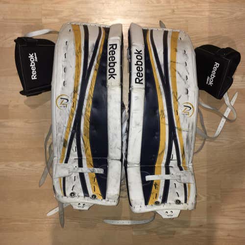 White/Navy/Gol Used 33+1 Reebok 14K SRLefevre Flex Core Goalie Leg Pads