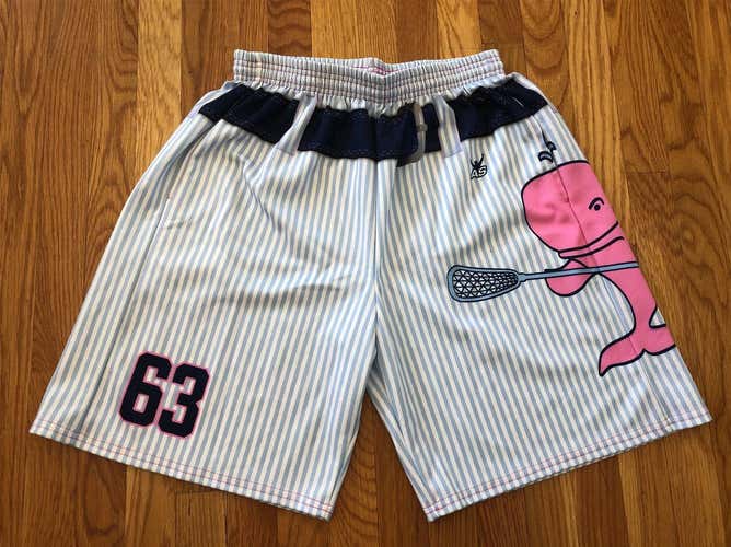 Pink Whales #63 Blue Seersucker shorts