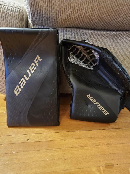 Black w gold logs Used Bauer Regular 2X Pro Glove and Blocker