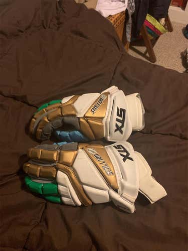 White Used Player STX Stallion HD 13" Lacrosse Gloves