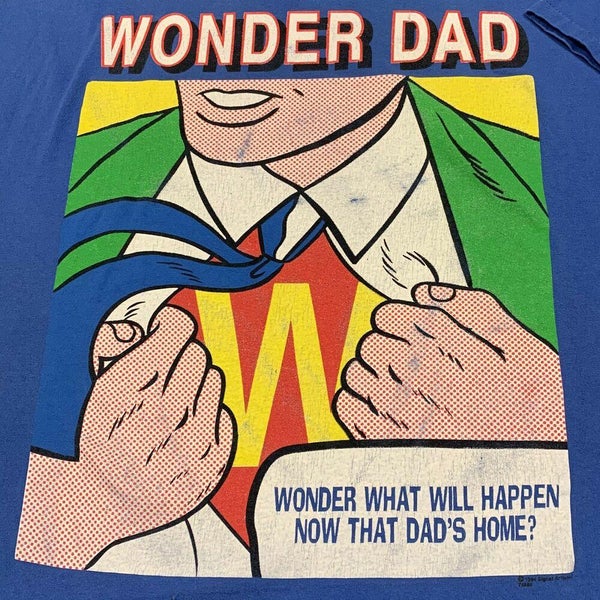 Vintage 90s Wonder Dad T Shirt Adult L XL Blue Superhero Father Joke Funny Tee