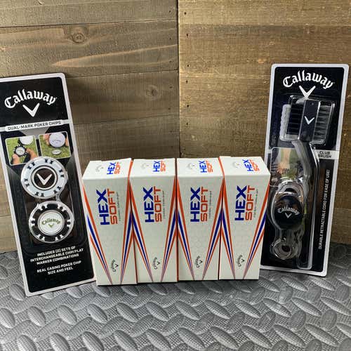 New Callaway Hex Soft 12 Balls + Callaway Poker Chip Markers + Callaway Club Brush