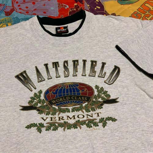 Vintage 90s Waitsfield Vermont T Shirt Adult Large Gray Double Roll Sleeves