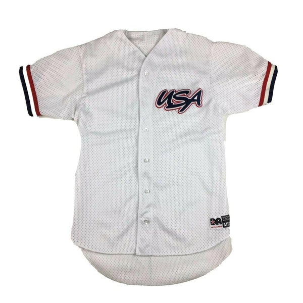 VTG 90s Team USA Baseball Jersey Mesh with Stitched Patch White/Blue Sz Medium
