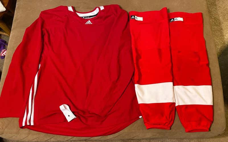 Brand New Adidas Practice Jersey Size 60 With Used XL Red Wings Adidas Socks