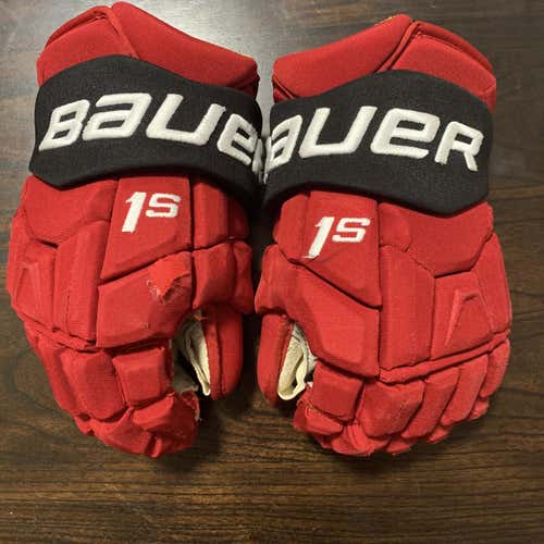 Used Bauer 1S 14" New Jersey Devils Pro Stock Gloves (Steven Santini)
