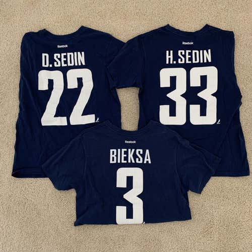 BUNDLE Vancouver Canucks Henrik Sedin, Daniel Sedin, Kevin Bieksa Reebok Shirts Men's Size Large