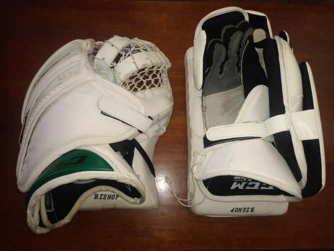 Ben Bishop Blocker and Practice Glove White/Green Senior Used CCM Regular Premier II Pro Pro Stock