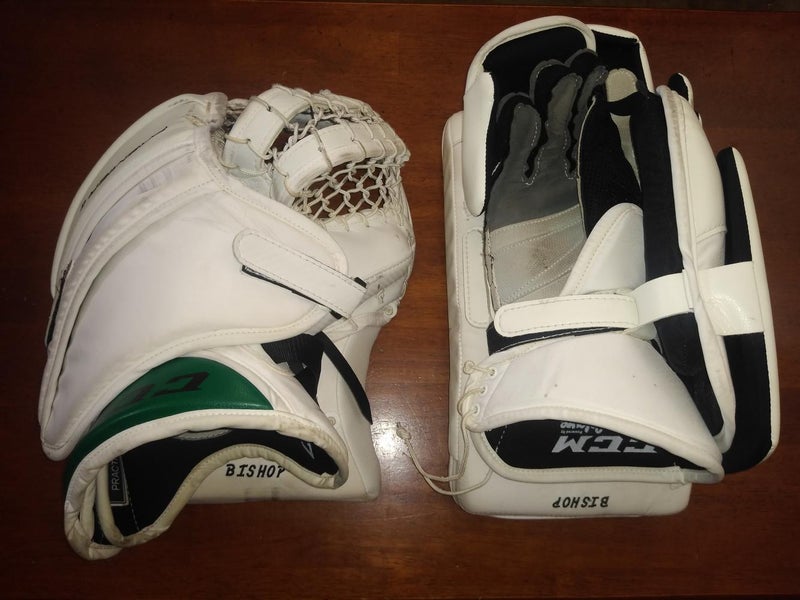 Ben Bishop Blocker and Practice Glove White/Green Senior Used CCM Regular Premier II Pro Pro Stock