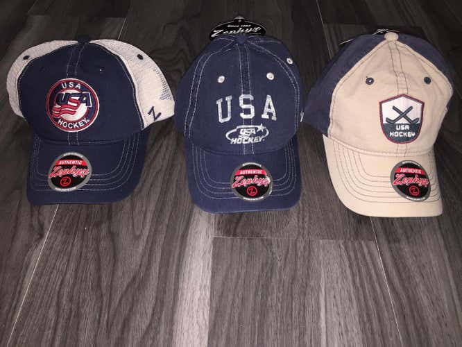 NEW - USA Hockey Hats, all 3! New With Tag. Ice Hockey, Roller Hockey, Red, Cream, Blue hats