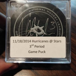 Used Sher-Wood Dallas Stars official game puck autographed by John Klingberg used 11/18/14 vs Canes