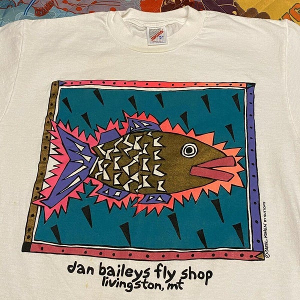 Vintage 90s Dan Baileys Fly Shop T Shirt Adult M White Fishing Outdoors Montana