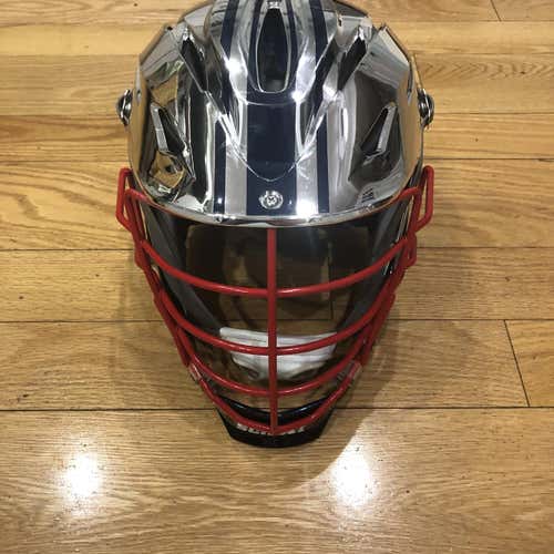 Pre-Owned Chrome STX Rival Helmet. Red Cage. Navy Blue Jaw. Gray Chin Strap. S/M. removable decal.