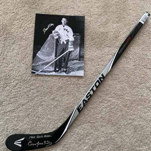 Signed Jack Riley - 1960 Gold Medal Olympic Hockey Coach - picture and mini Easton stick