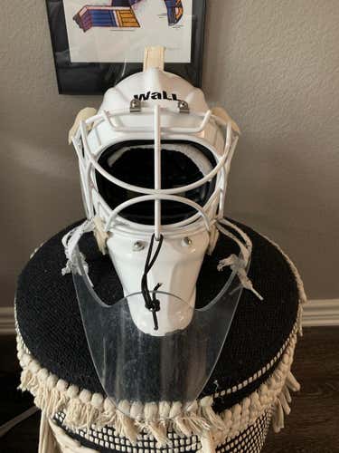 White Senior Used Wall W4 Short Chin Goalie Mask with extra cage, dangler, and bag
