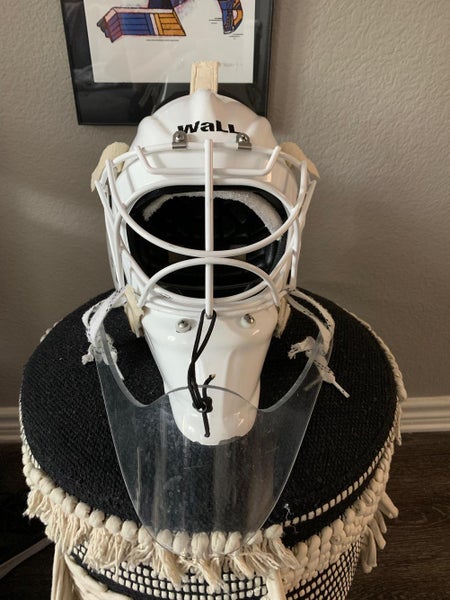 White Senior Used Wall W4 Short Chin Goalie Mask with extra cage, dangler, and bag