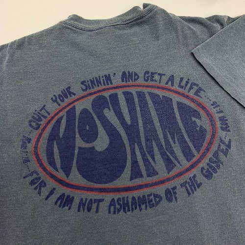 Vintage 90s Faith Youth T Shirt Adult L Blue Religion No Shame Jesus Church God