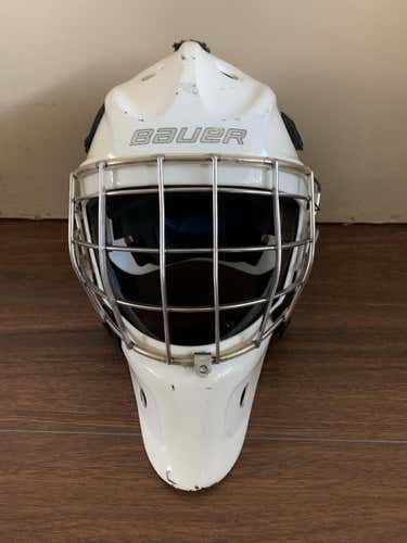White Used Senior Bauer Goalie Mask Pro Stock