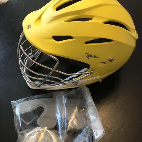New STX Rival Helmet. Matte Yellow Shell, Chrome Cade White Jaw & Strap.  Size:small/medium.