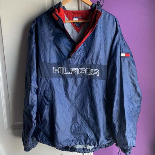 Vintage 90s Tommy Hilfiger Windbreaker Mens Large Jacket Navy Hoodie