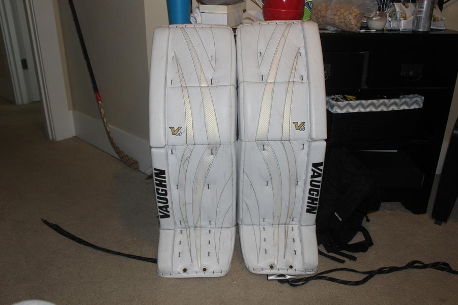 White Used Senior 36" Vaughn Velocity V6 Goalie Leg Pads Pro Stock